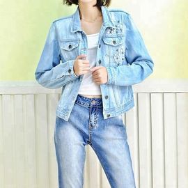 Blue Washed Ripped Ladies Fitted Denim Jacket With Pearls Slim Fit Style